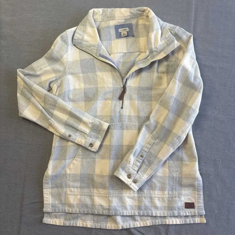 LL‎ Bean Pullover Womens XS Cream Blue Plaid Sweatshirt Half Zip Outdoor Casual